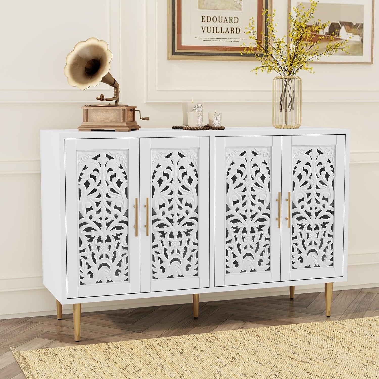 Vintage White Sideboard Cabinet 4 Doors Hollow Carved Buffet Storage Unit