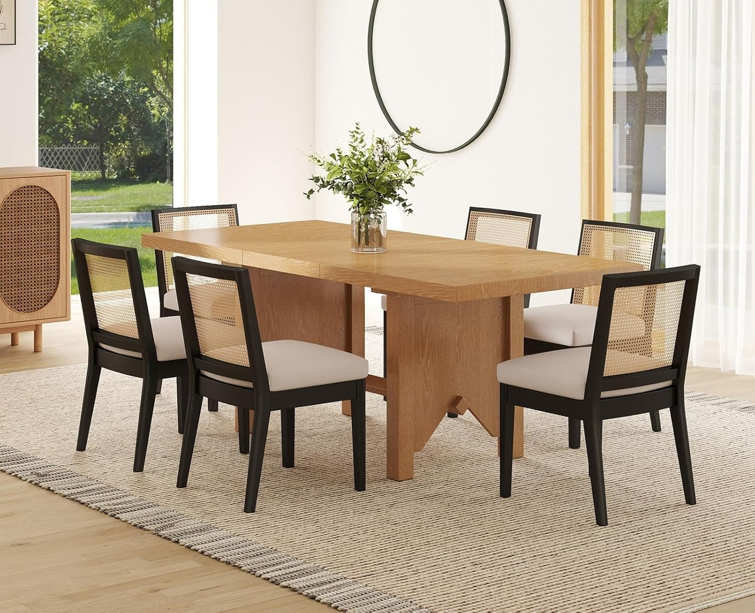 Set of 4 Black Rattan Dining Chairs Linen Seats Wooden Frame Modern