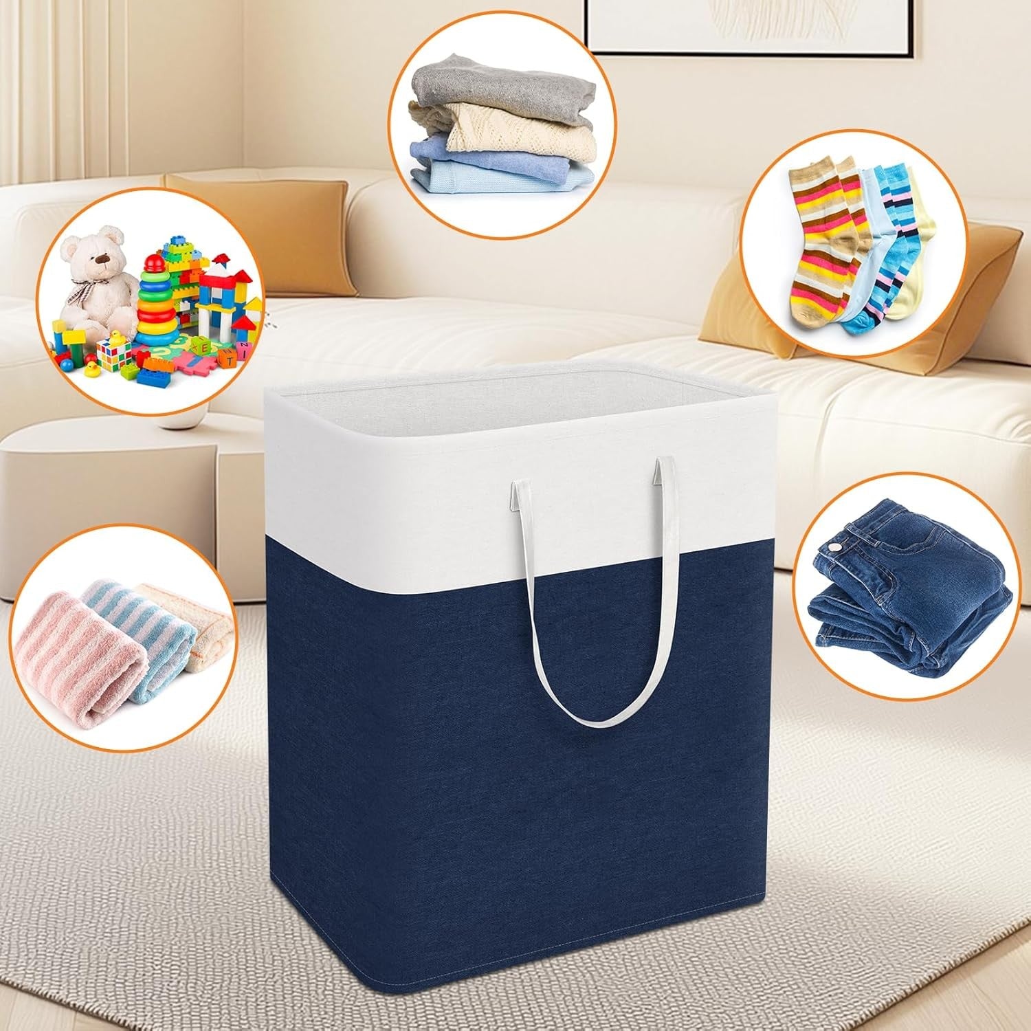 100L Large Laundry Hamper Blue with Handles Foldable Clothes Storage Basket