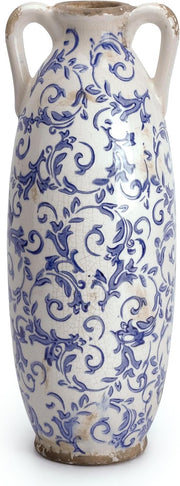 Tall Blue White Ceramic Floor Vase for Pampas Grass Farmhouse Decor 14"