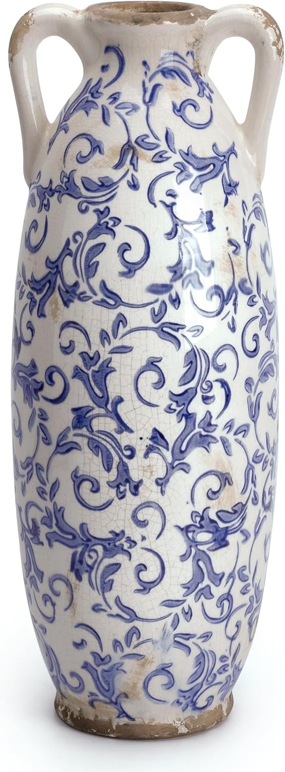 Tall Blue White Ceramic Floor Vase for Pampas Grass Farmhouse Decor 14"