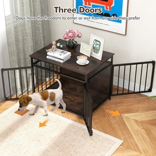 Industrial Dog Crate with 3 Doors & Adjustable Feet, Indoor Kennel Table
