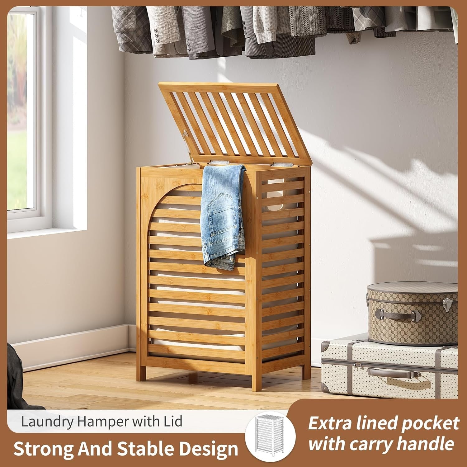 85L Bamboo Laundry Hamper with Lid Large Clothes Basket Removable Liner Natural