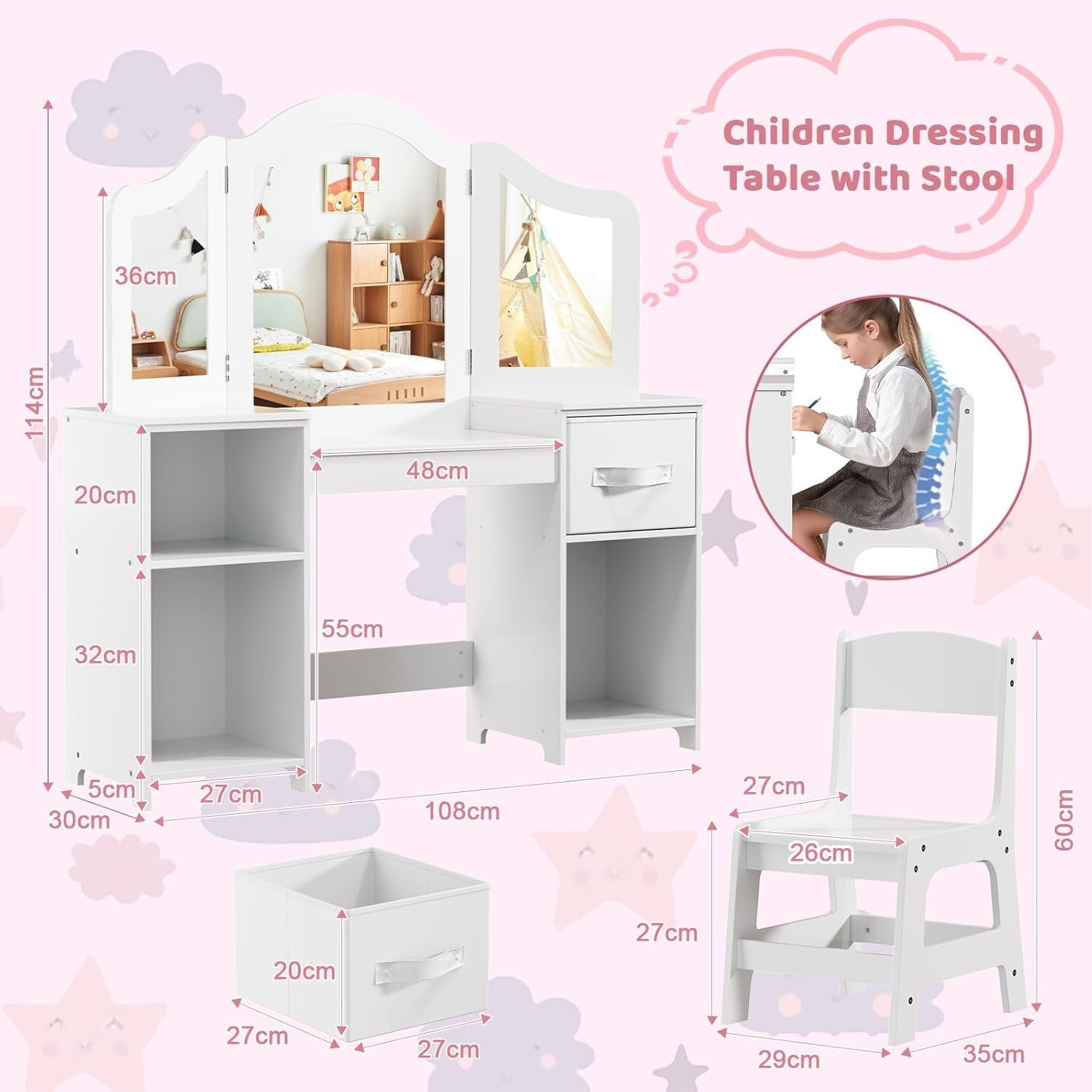 Kids Dressing Table Set with Chair, Tri-Fold Mirror & Storage Drawers White