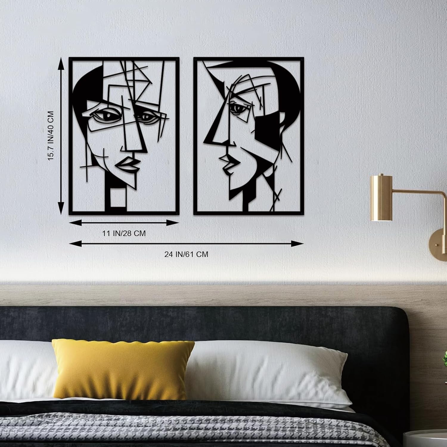 Set of 2 Abstract Metal Wall Art Faces Black Minimalist