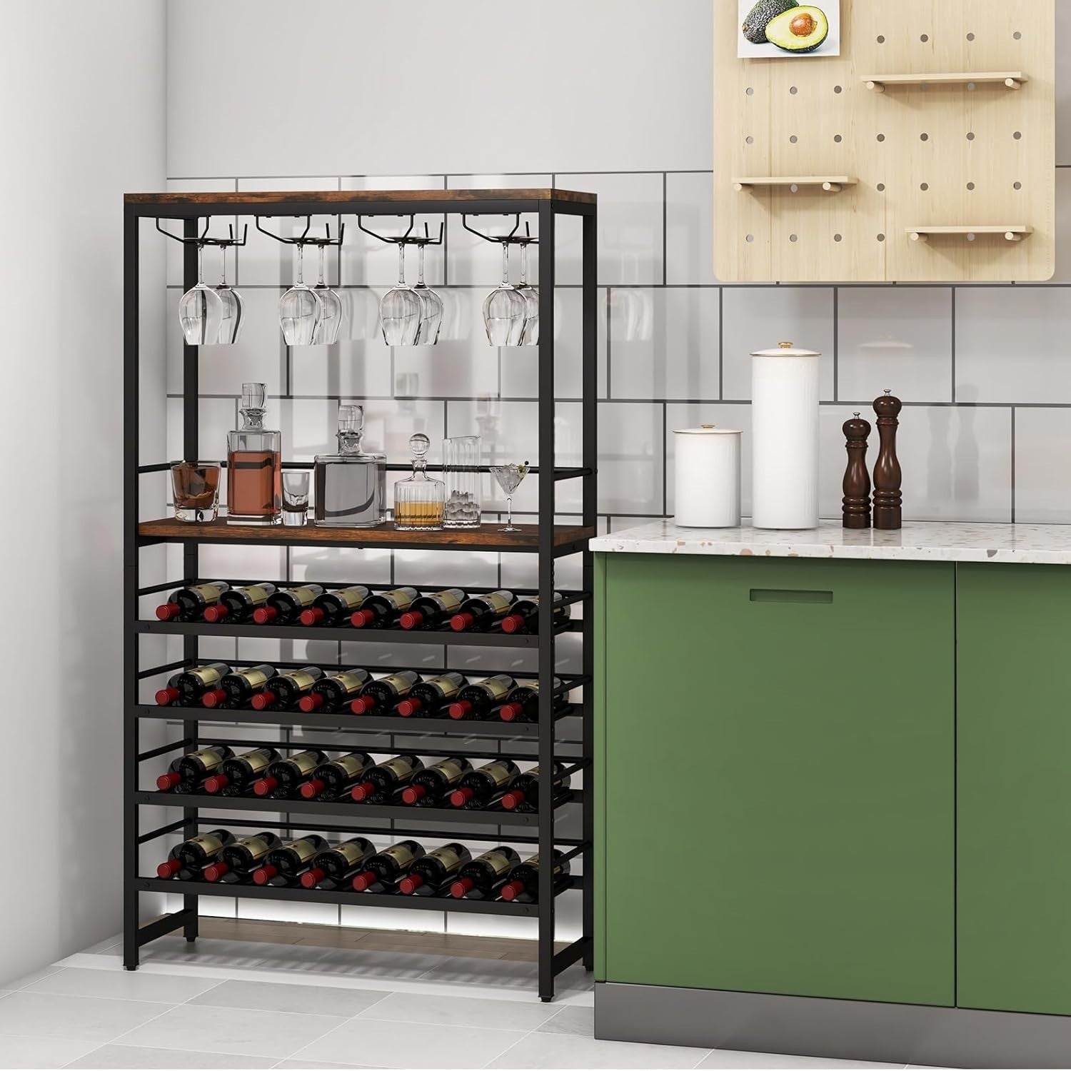 6 Tier Wine Rack 32 Bottle Bar Cabinet with Glass Holder & Display Shelves