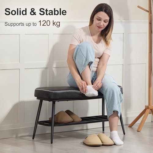 Charcoal Grey PU Leather Shoe Storage Bench with Cushion Seat & Metal Frame