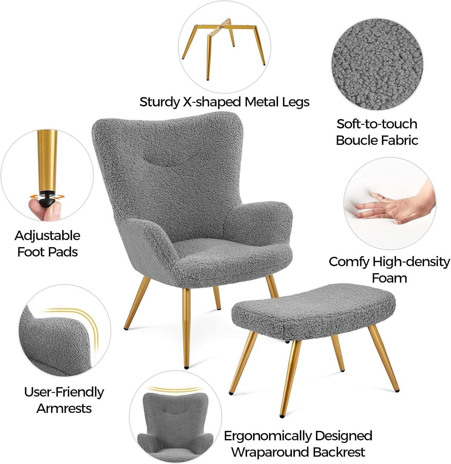 Grey Fuzzy Tub Chair with Ottoman | High Back Lounge Armchair for Living Room
