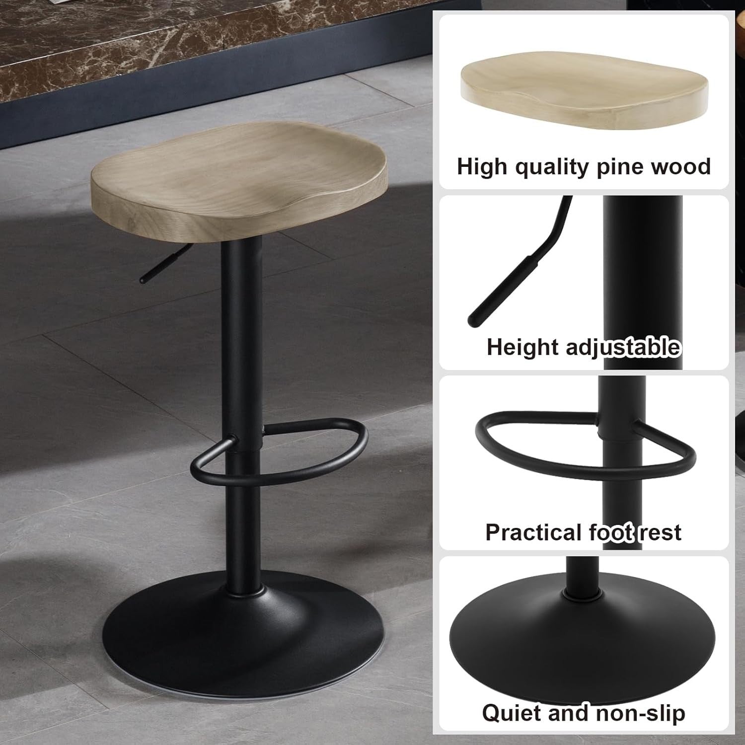Set of 2 Light Wood Effect Swivel Bar Stools Adjustable Height Saddle Seat