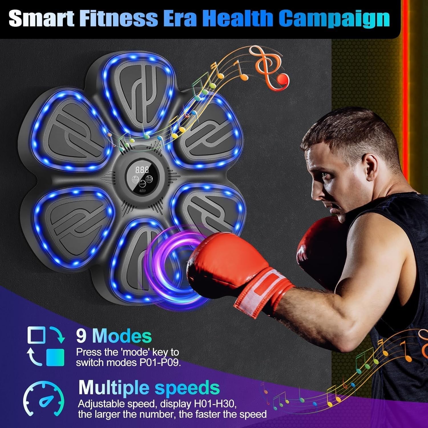 Music Boxing Machine LED Punch Trainer Bluetooth Wall Mounted Gloves
