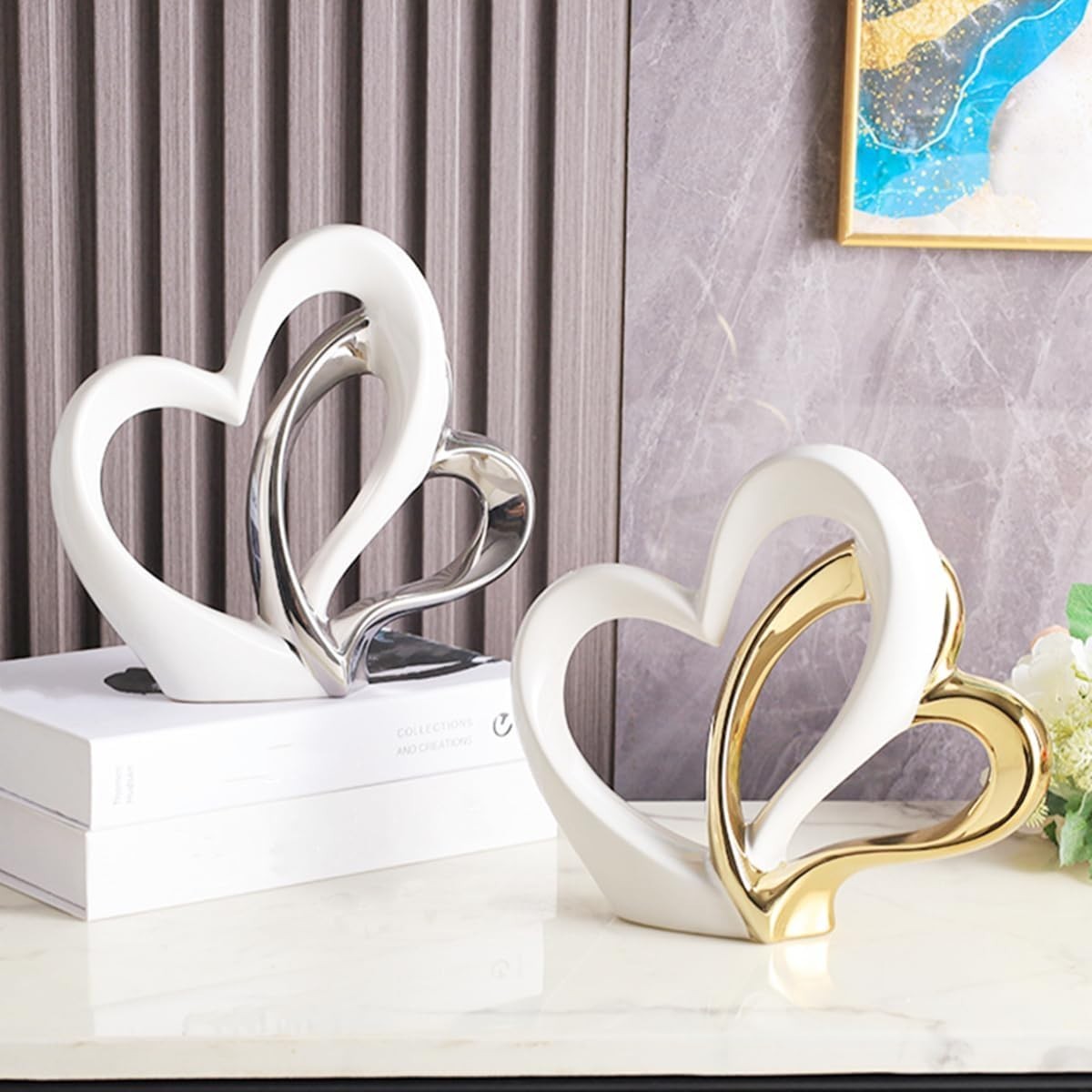 White Silver Double Heart Ceramic Ornament Modern Romantic Home Decor Sculpture