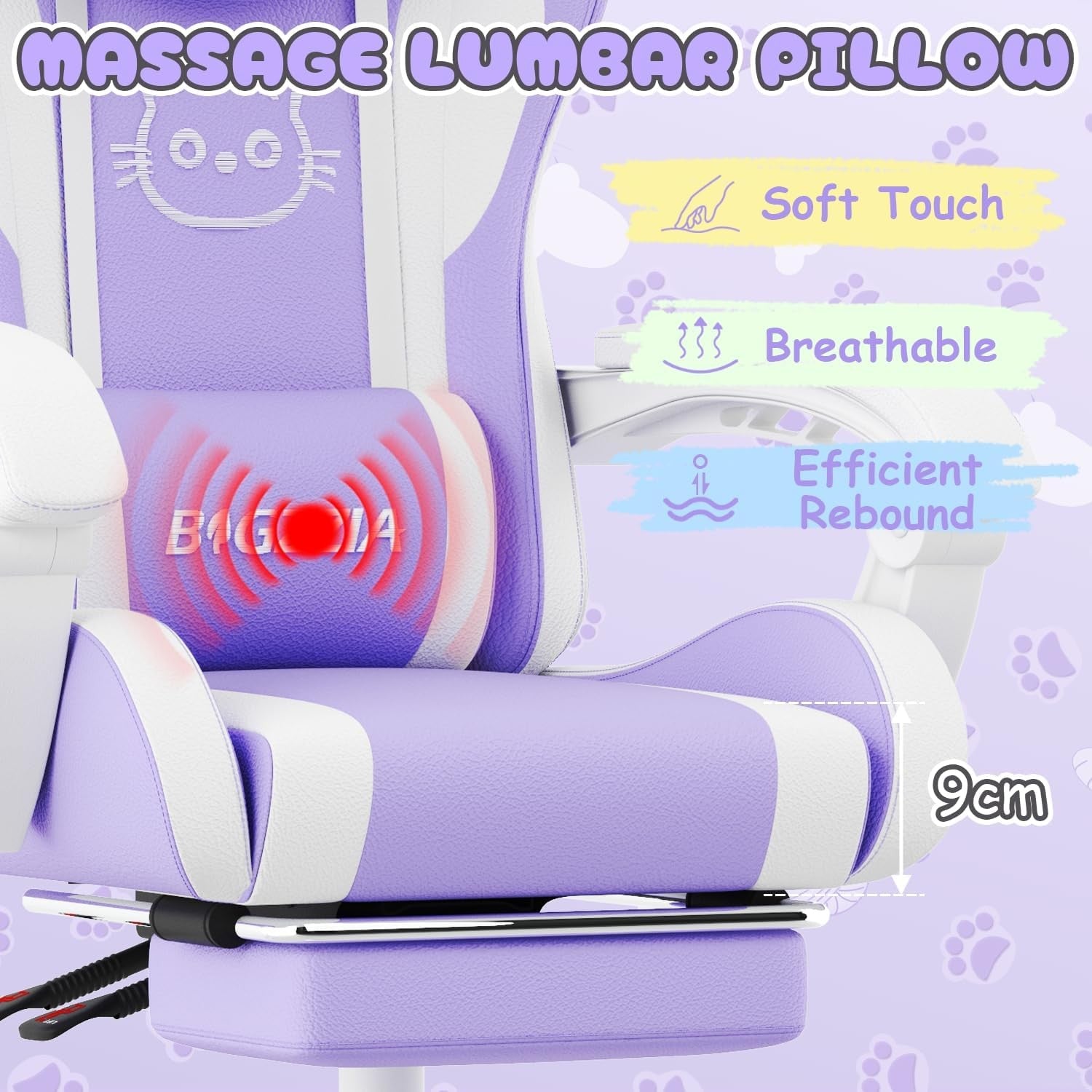 Purple Cat Ear Gaming Chair Massage Lumbar Recliner
