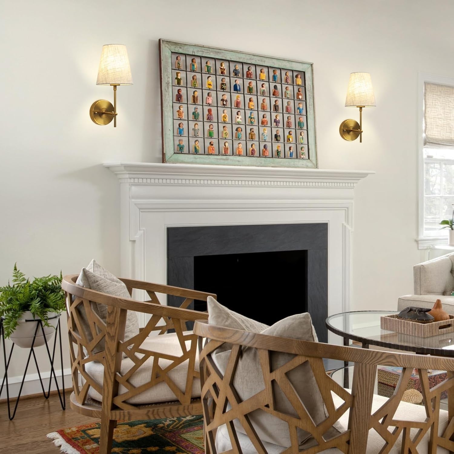 Brass Wall Lamps 2-Pack with Linen Shades | Dimmable Retro Bedroom & Hallway