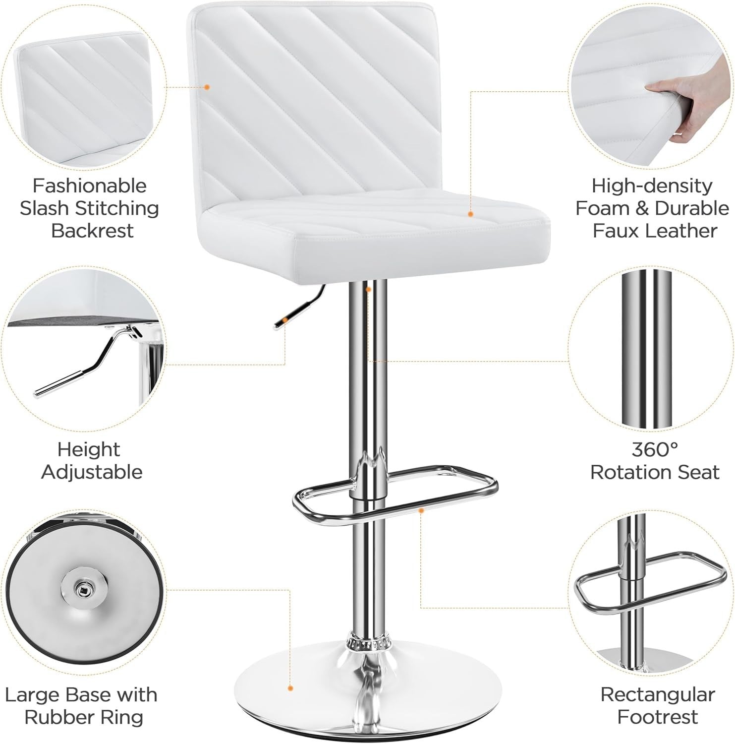 White Adjustable Swivel Bar Stools Set of 2 Faux Leather Chairs