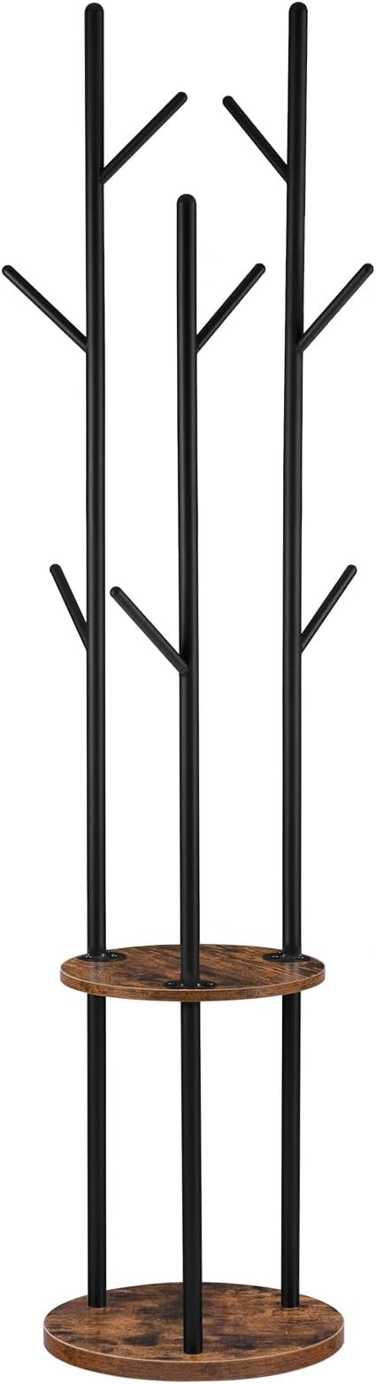 Rustic Brown Freestanding Coat Rack with Shelves & 8 Hooks Industrial Hall Tree