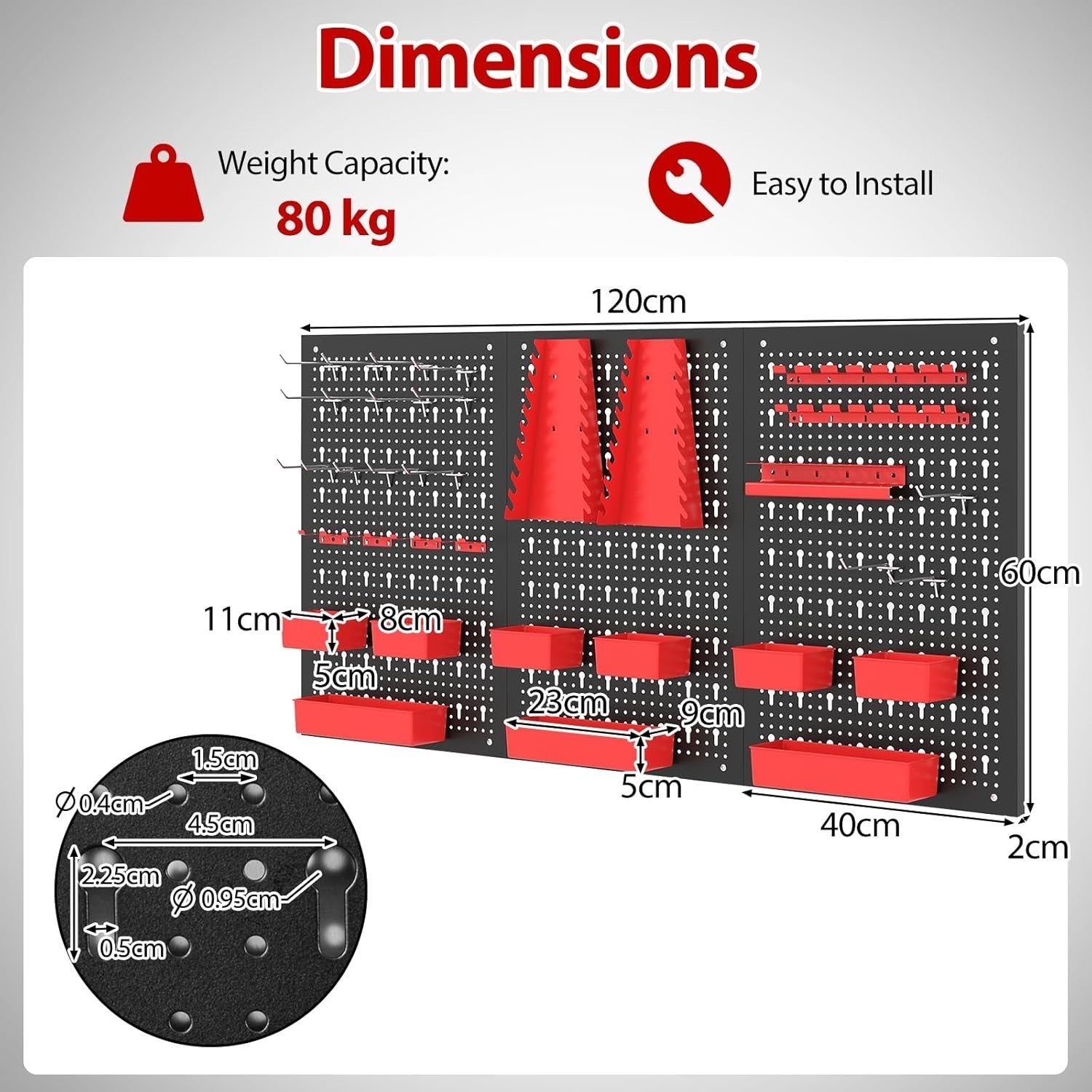 Black+Red Pegboard Tool Organizer 3 Boards 34 Accessories Wall Rack