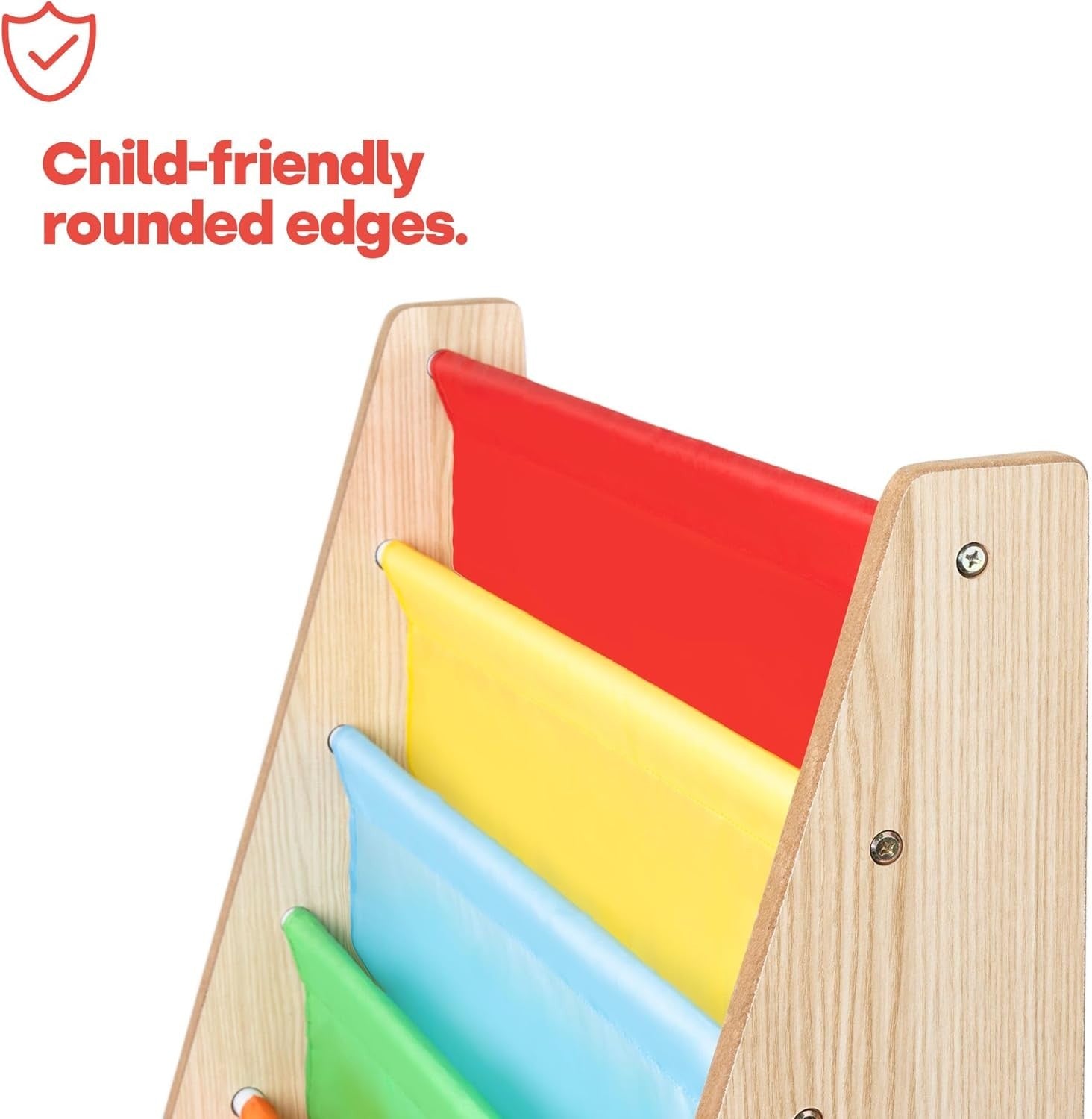 Kids Wooden Sling Book Rack – 4-Tier Colourful Fabric Bookshelf Storage