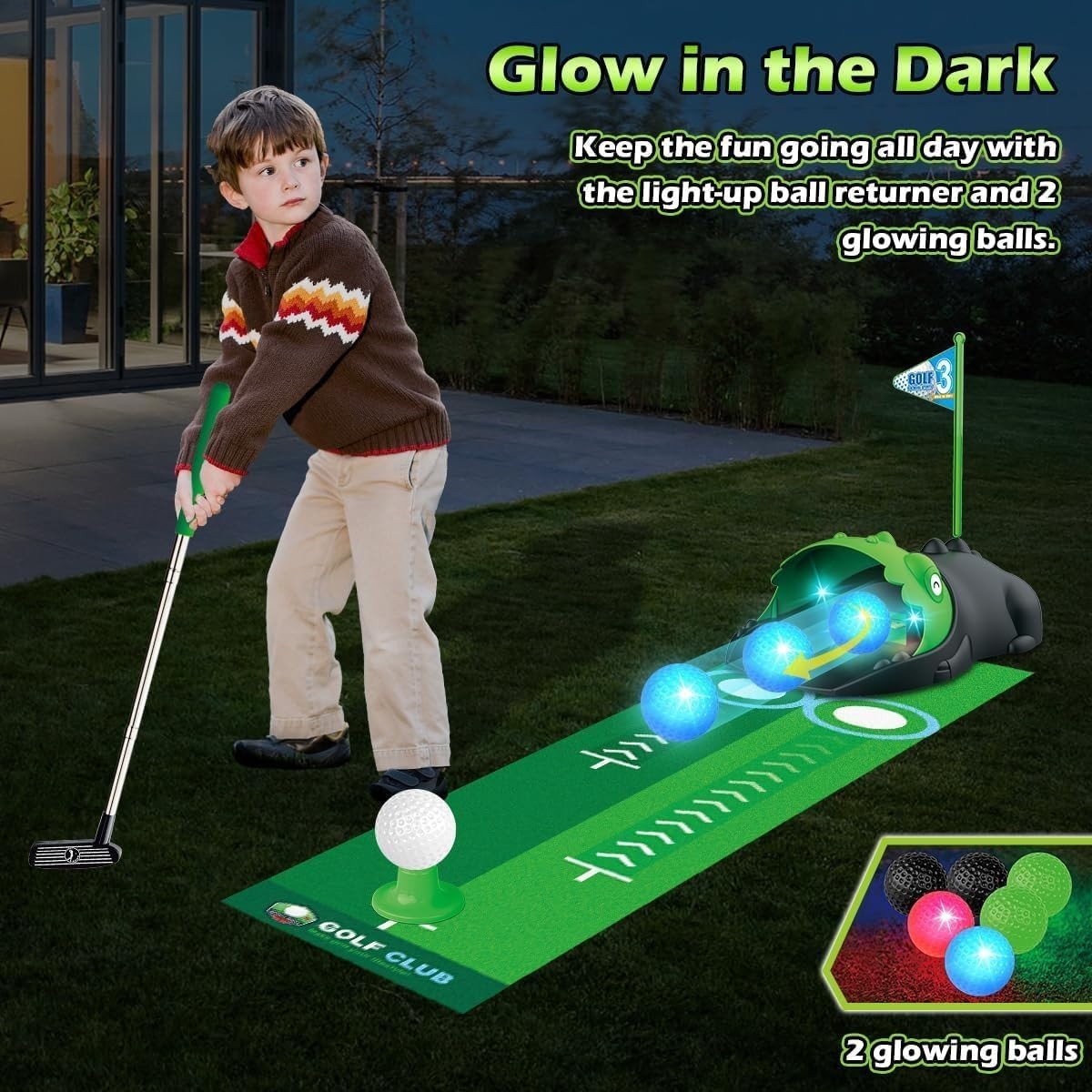 Kids Golf Set Dinosaur Auto Ball Return LED Golf Balls Putting Mat 26”