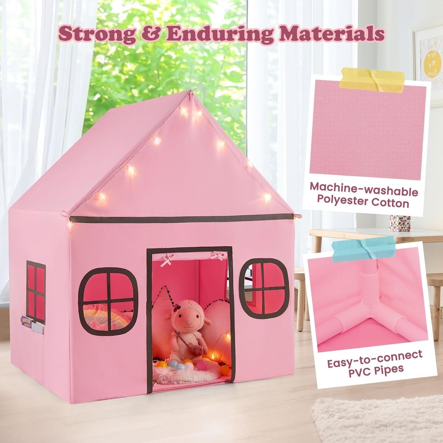 Pink Grey Kids Fairy Play Tent Indoor w Star Lights Mat Storage