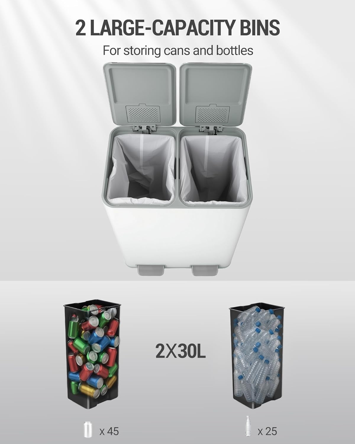 60L Double Kitchen Recycling Bin | 2 x 30L Stainless Steel Pedal Bin White