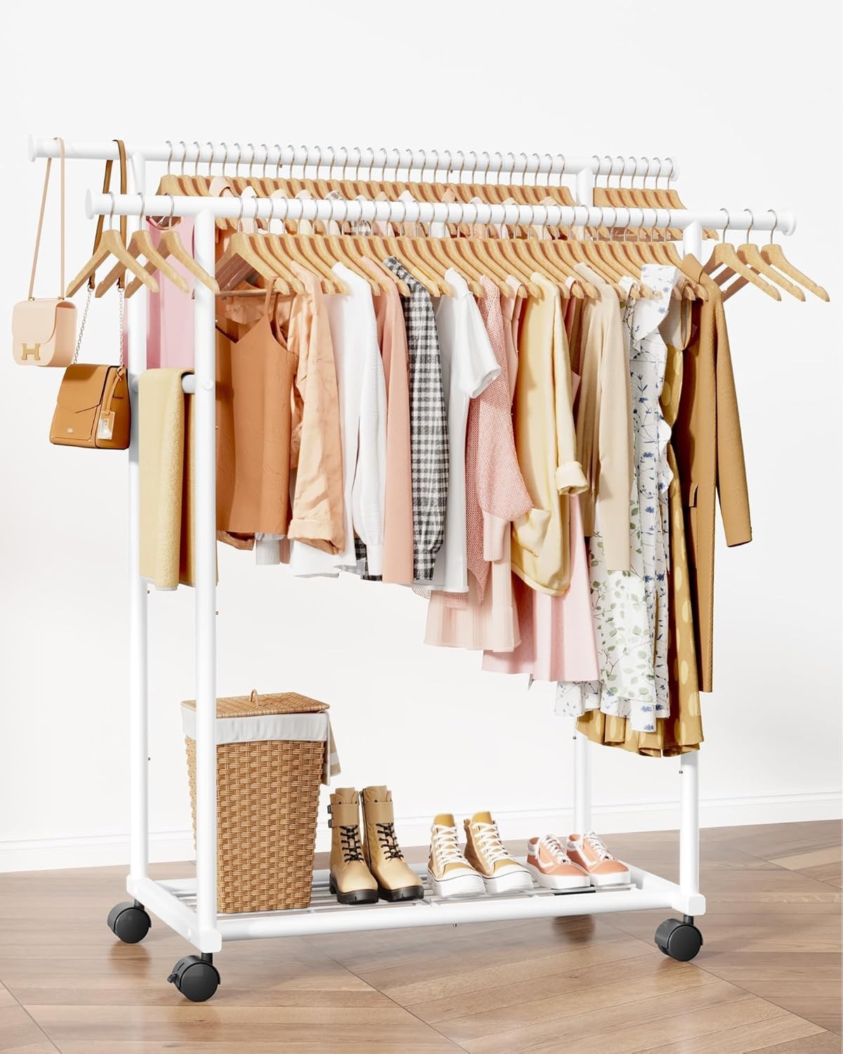 Double Rod Clothes Rail with Shelf & Wheels – White 150cm