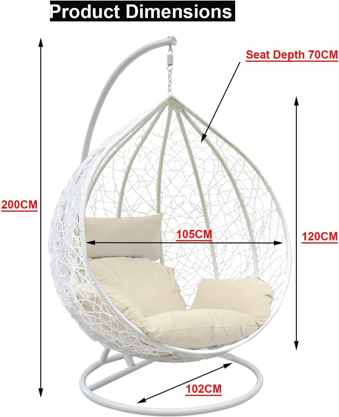 White Rattan Hanging Egg Chair with Stand & Cushion for Indoor Outdoor