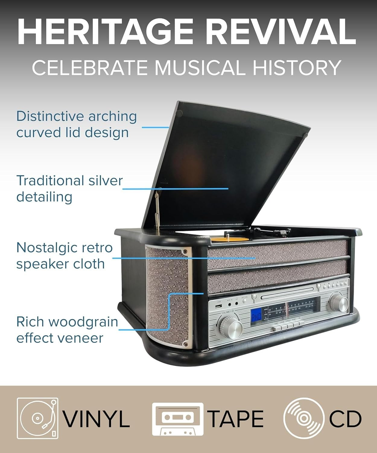 8-in-1 Retro Music System Vinyl CD Cassette Player Bluetooth Radio USB MP3
