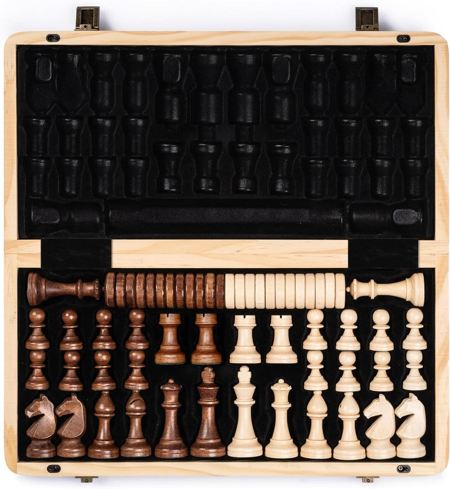 15" Magnetic Wooden Chess Set Folding Board w/ 3" Weighted Pieces