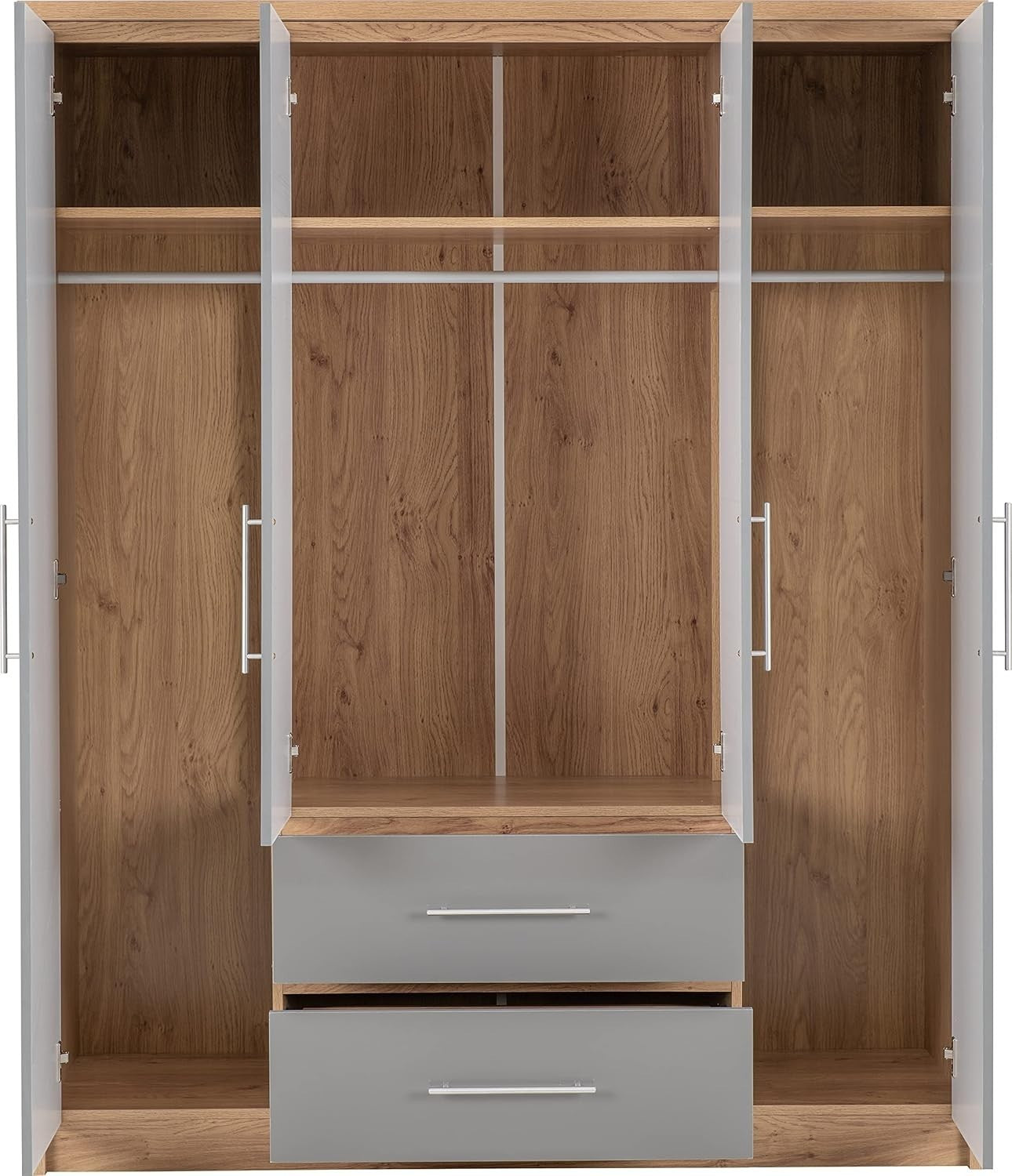 Grey Gloss 4 Door Wardrobe with 2 Drawers – Spacious Bedroom Storage Unit