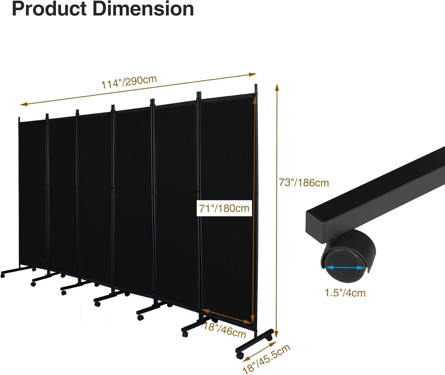 6 Panel Black Folding Room Divider on Wheels Privacy Screen 290x180cm