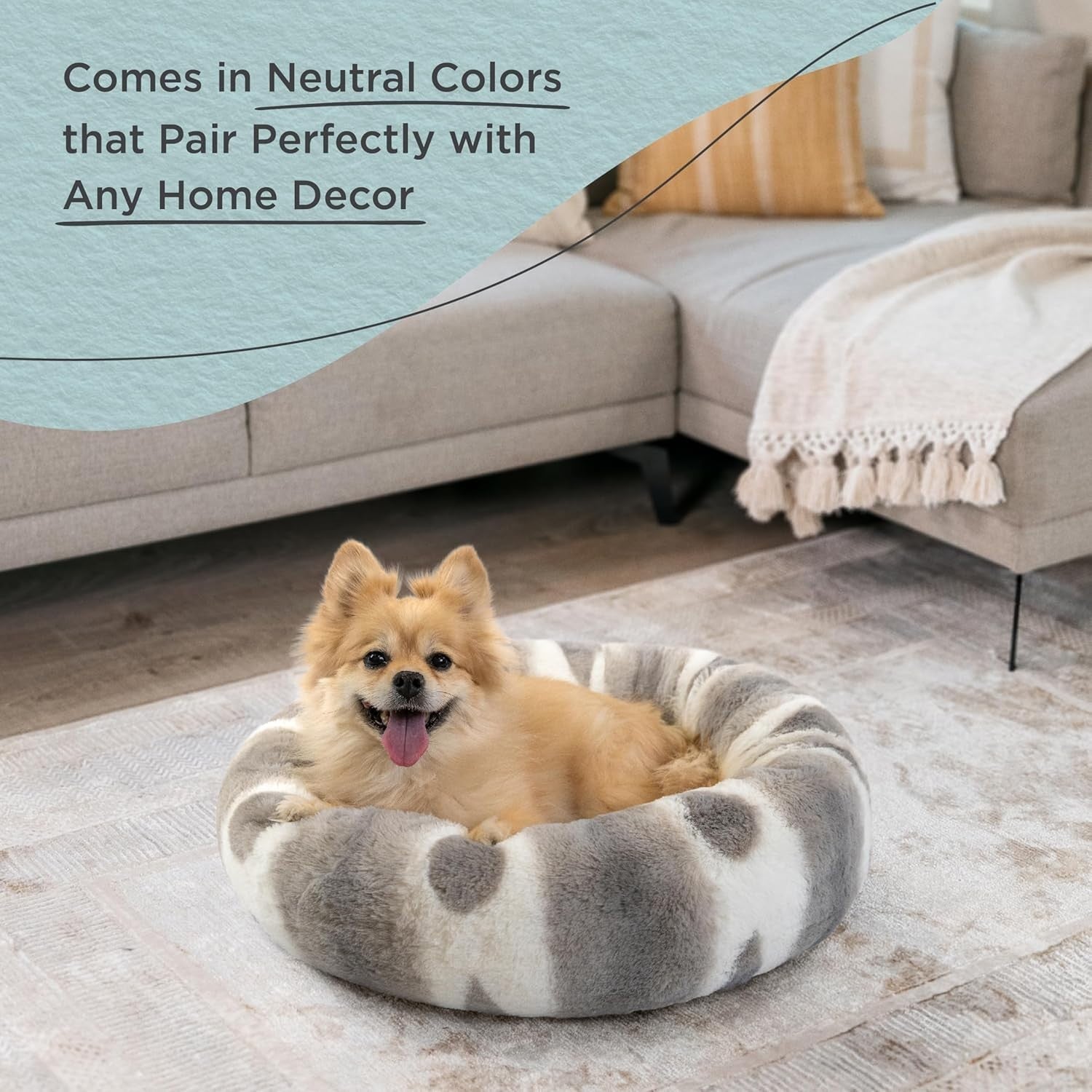 Calming Donut Dog Bed 23x23 Faux Fur Anti Anxiety Grey