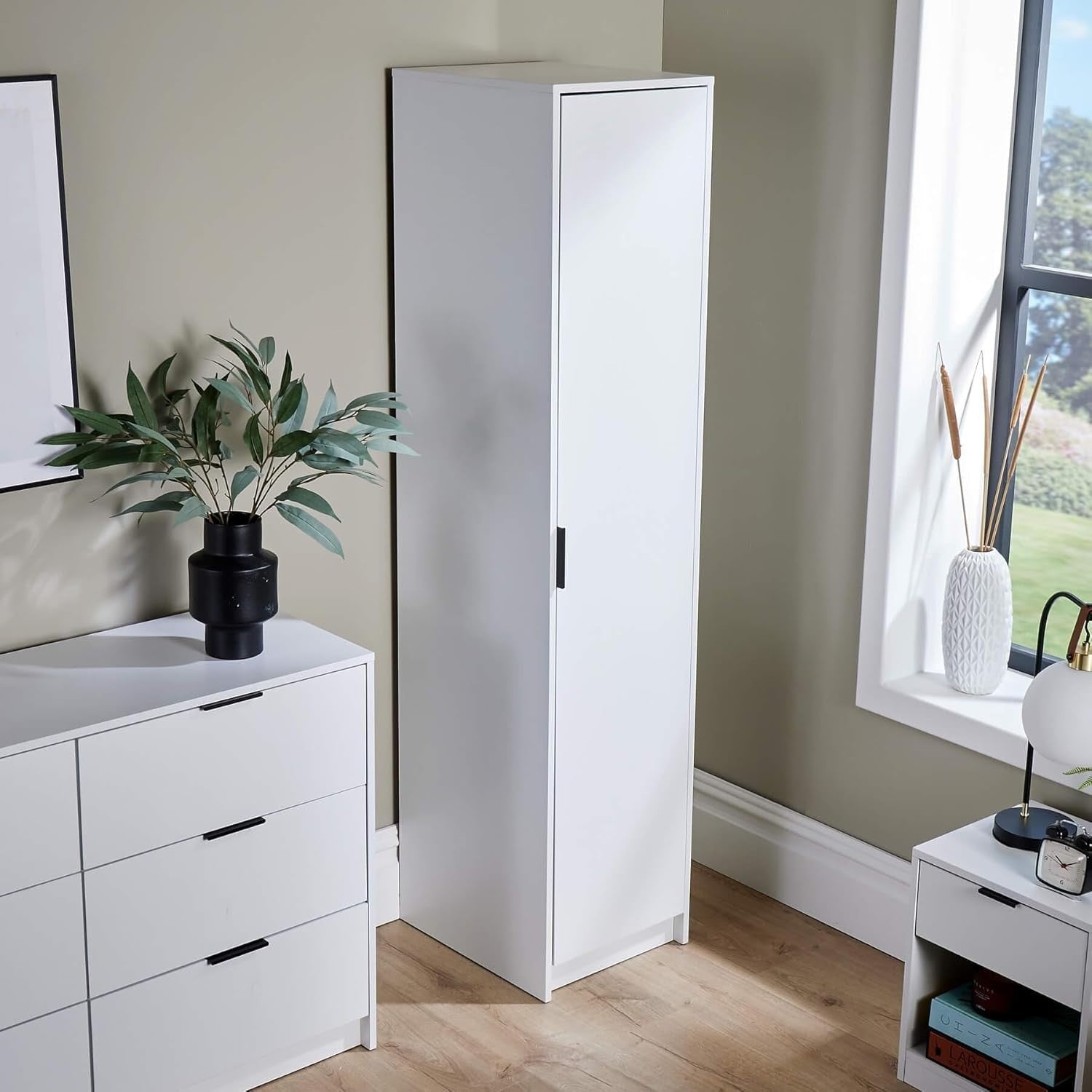 White Slim 1-Door Wardrobe with Rail & Shelf – Modern Compact Storage Unit
