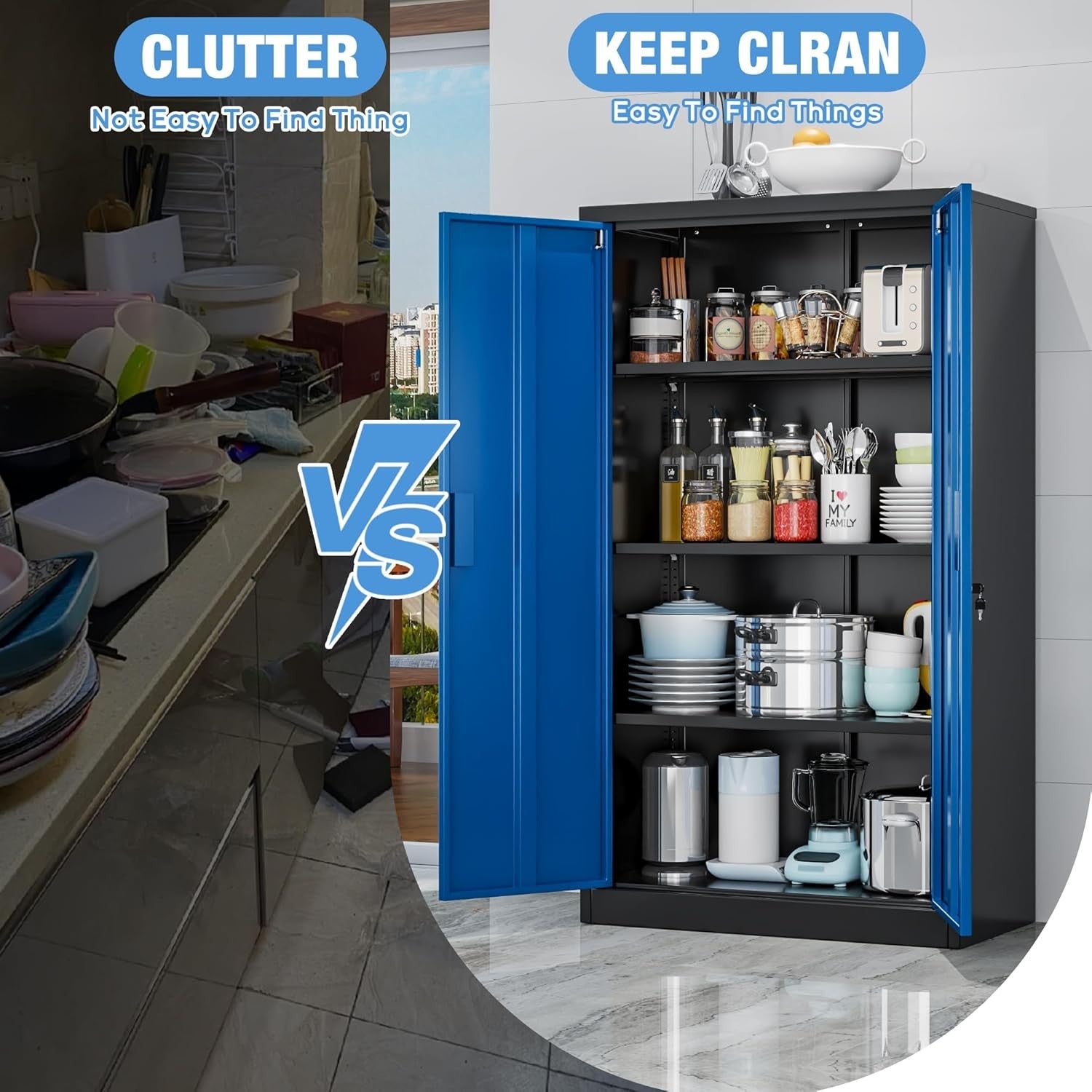 Metal Storage Cabinet 2 Door Lockable Cupboard 3 Adjustable Shelves Black Blue