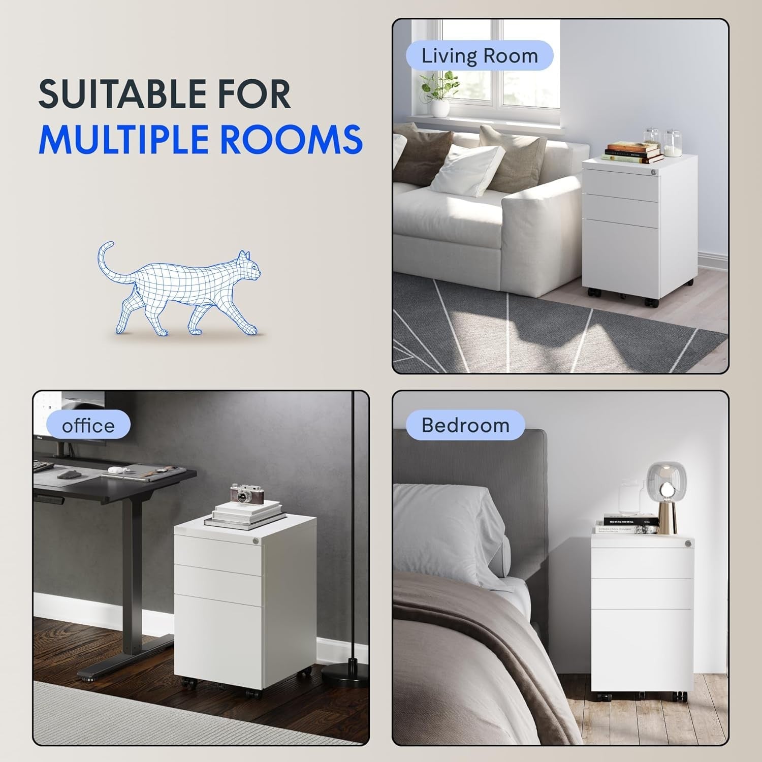 White Mobile Filing Cabinet 3 Drawer Lockable Under Desk Steel