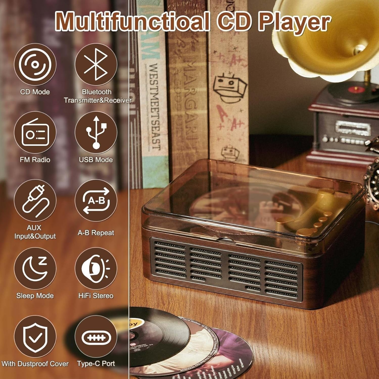 Portable Bluetooth CD Player Speakers FM Radio USB AUX Remote Brown