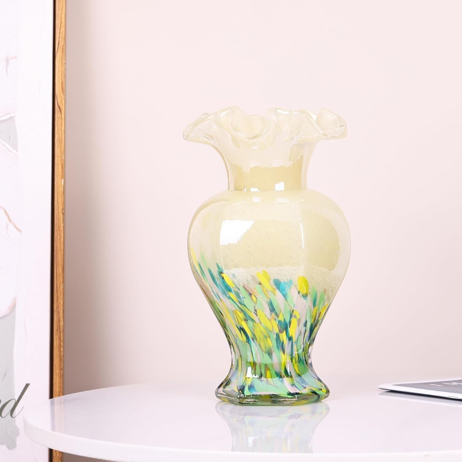 Hand Blown Green Glass Vase 24cm Tall Art Centerpiece Table Decor