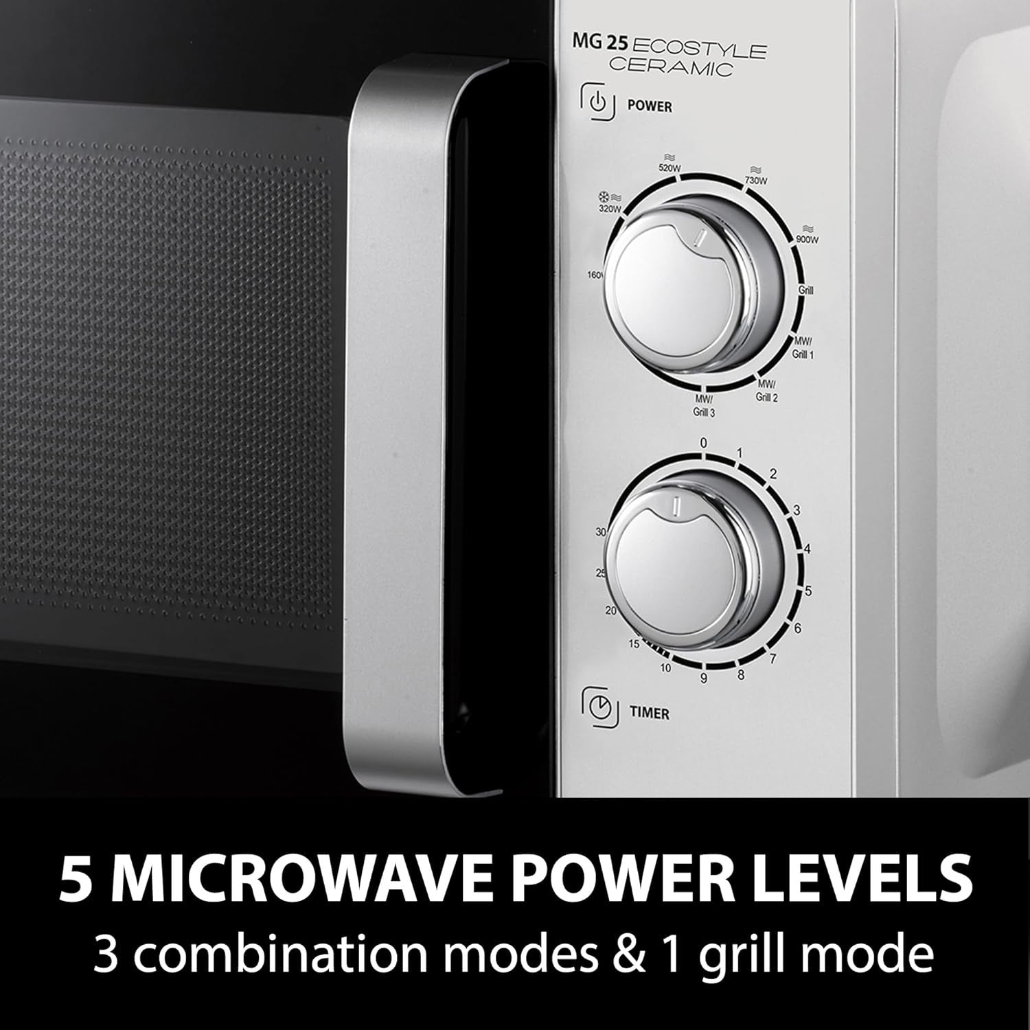 25L Ceramic Microwave Grill 900W 1000W 8 Settings Silver Black
