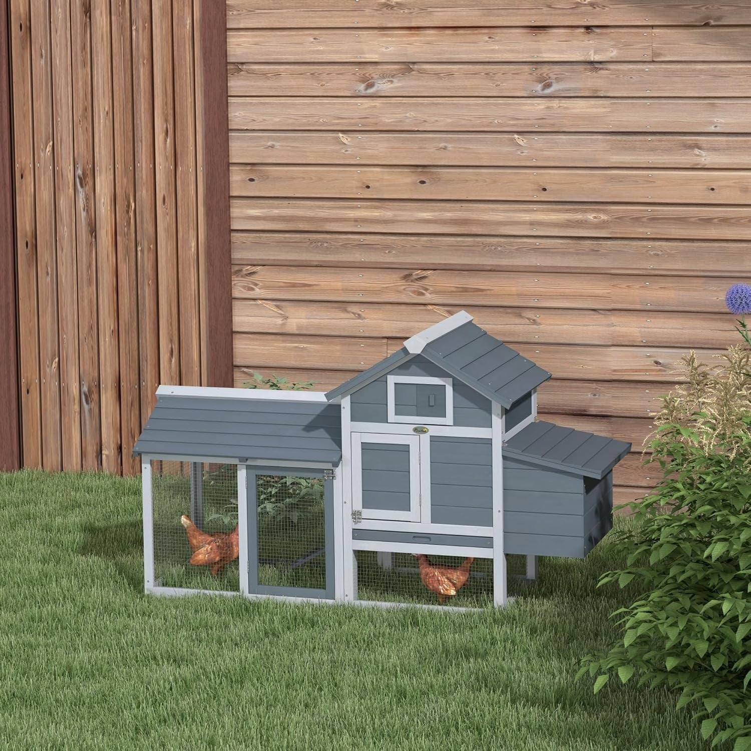 Chicken Coop with Run Outdoor Grey Wooden Hen House Lockable Hutch