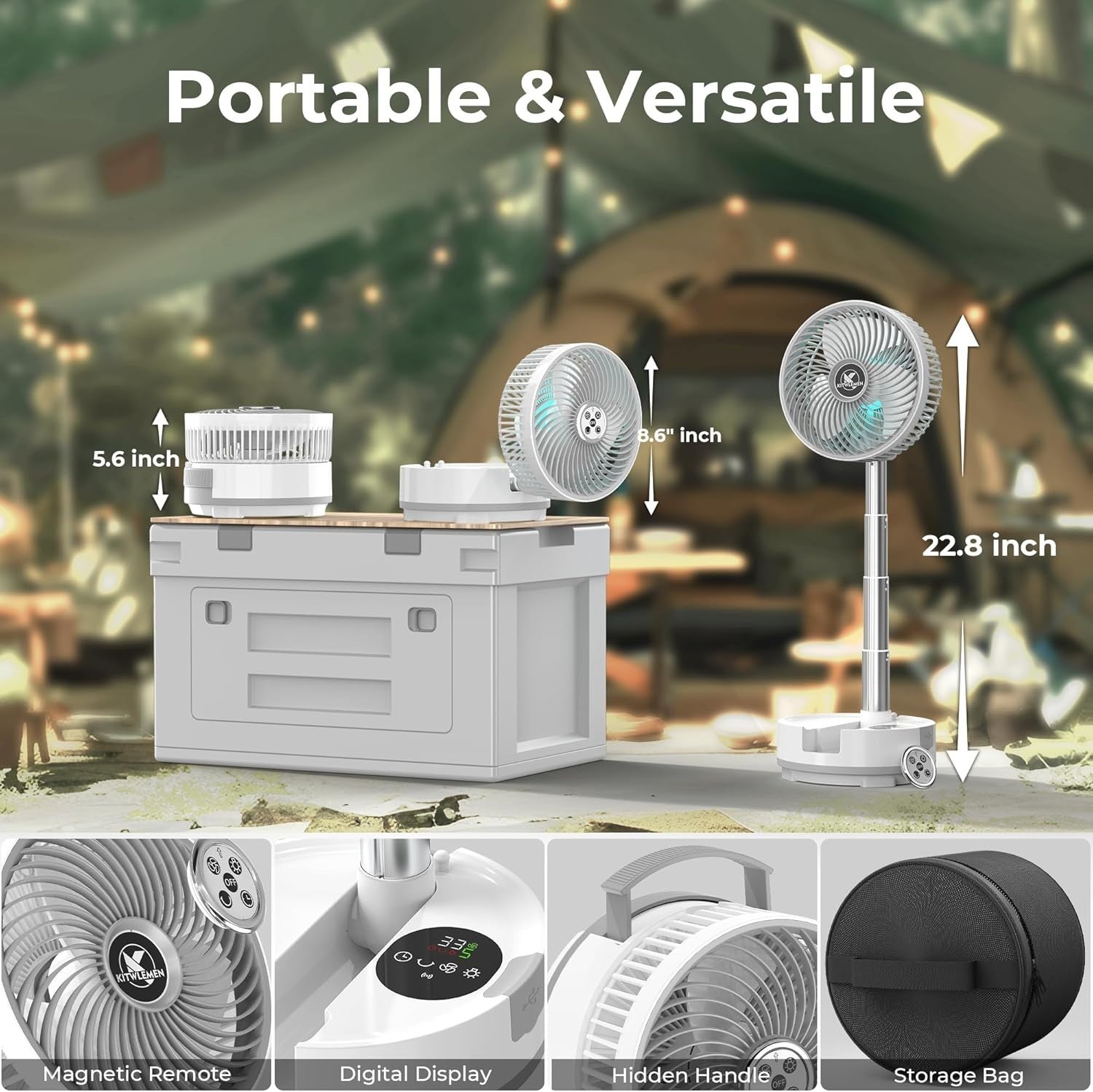 White Camping Fan – 20000mAh Rechargeable 8" Table Fan w/ Light, Timer & Remote