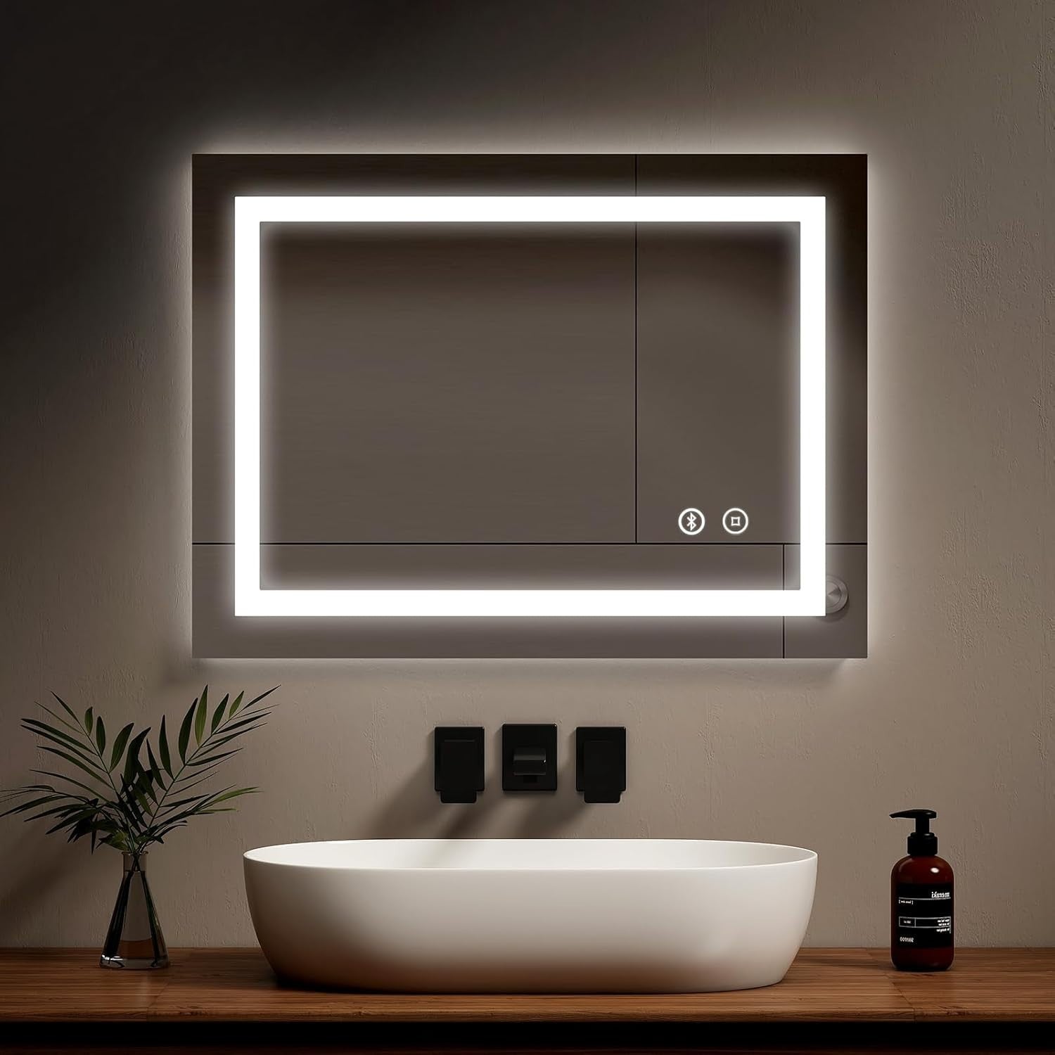 Bluetooth LED Bathroom Mirror 80x60cm with Shaver Socket & Demister