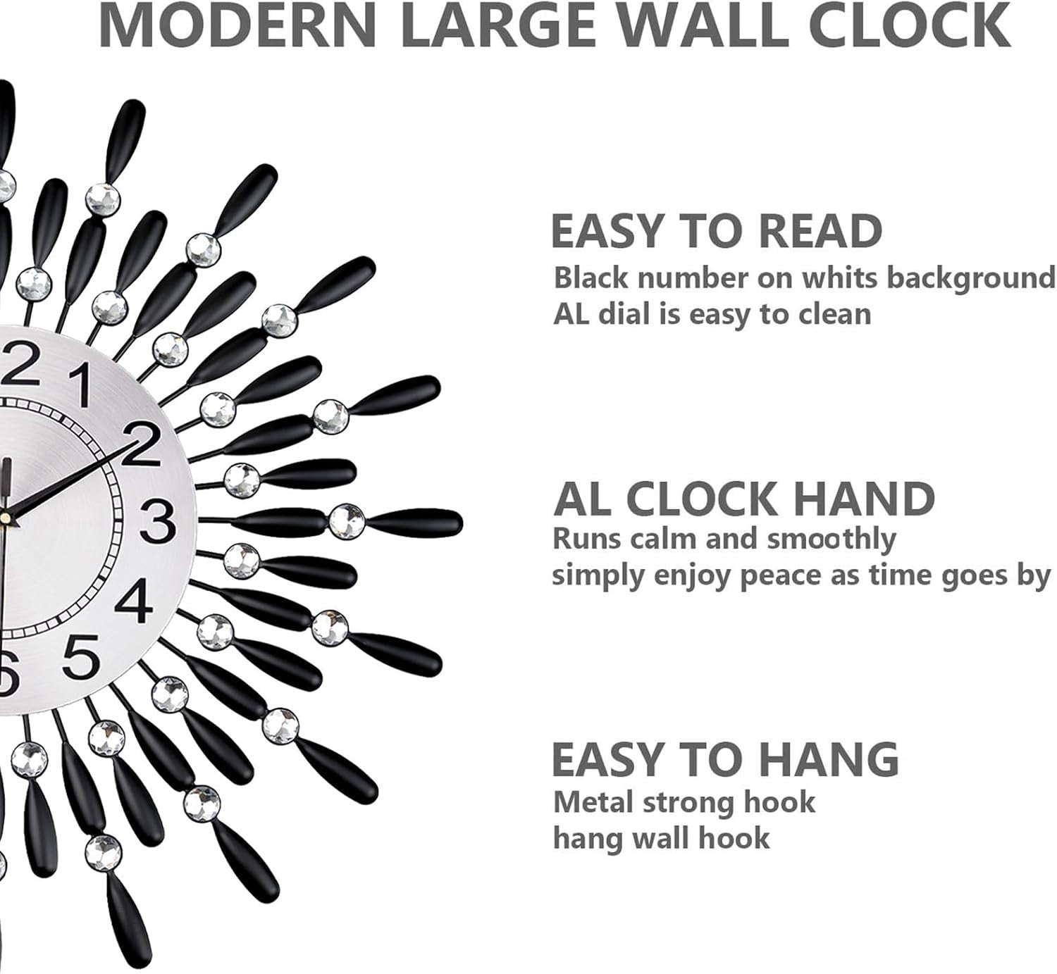 60cm Luxury Sunburst Wall Clock – Diamante Beaded Metal Design Black