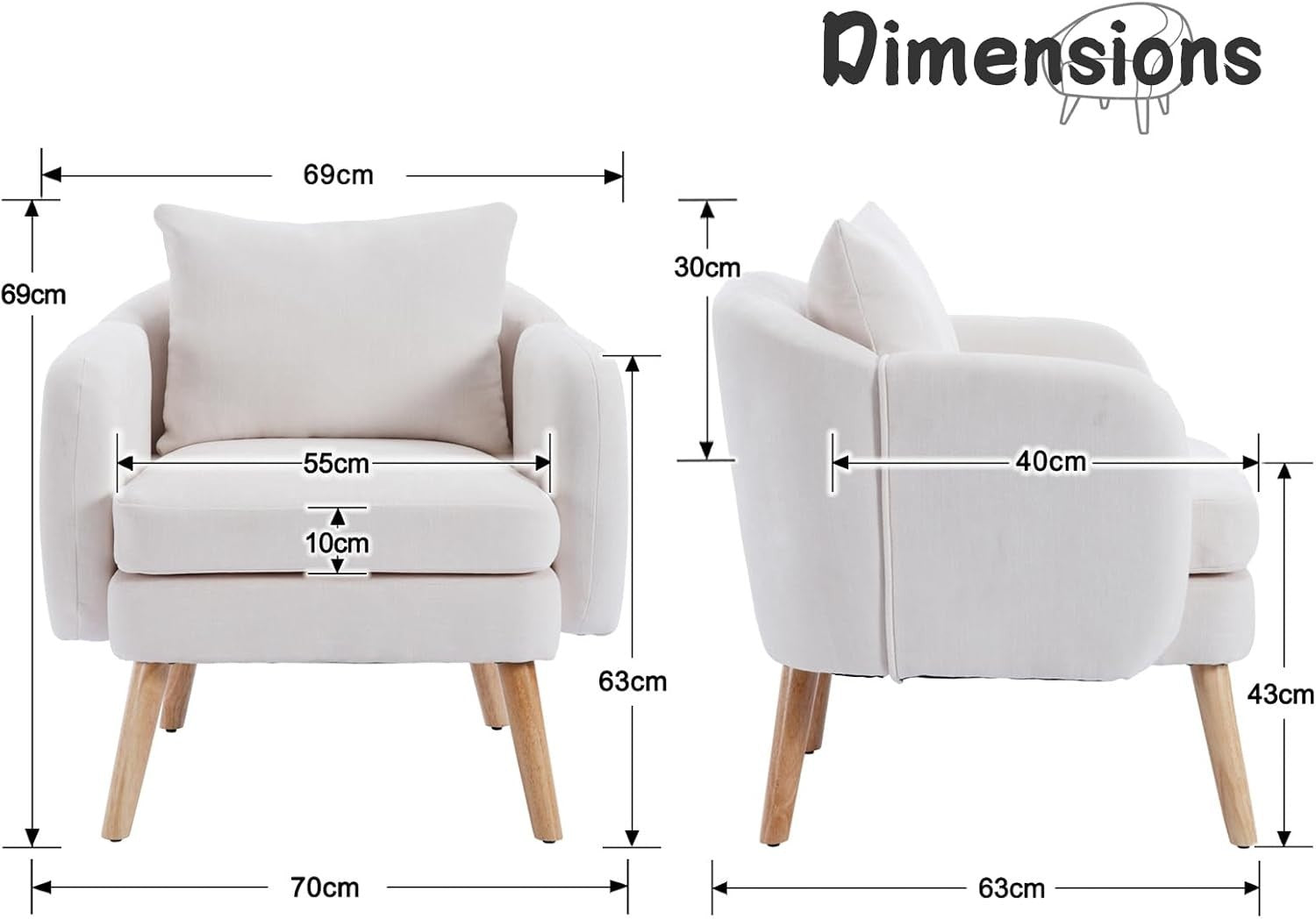 Beige Accent Armchair Chenille Lounge Chair with Wood Legs for Living Room