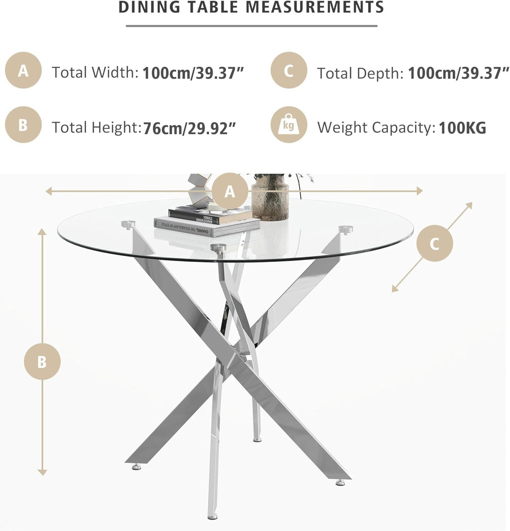 100cm Round Glass Dining Table Chrome Legs Compact Modern Kitchen Table