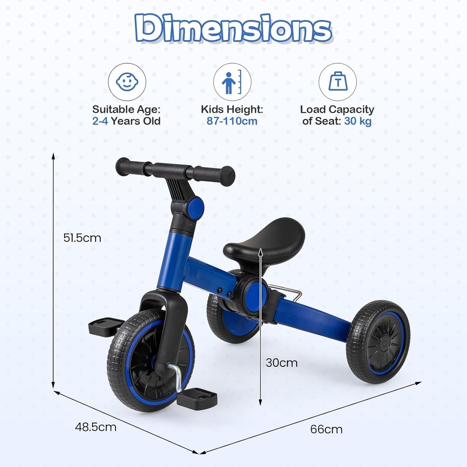 Kids Tricycle Balance Bike 2-4 Years Foldable Adjustable Handlebar Blue