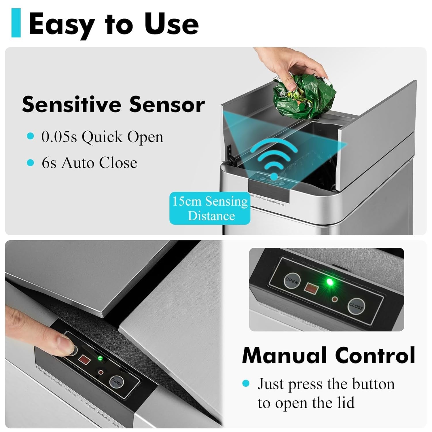 50L Touchless Motion Sensor Kitchen Bin – Automatic Stainless Steel Trash Can