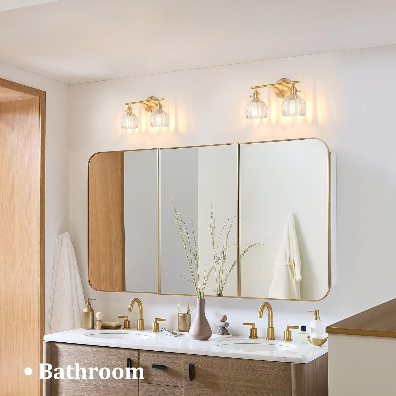 2-Light Clear Glass Wall Sconce Vanity Light Brass Fixture for Bathroom