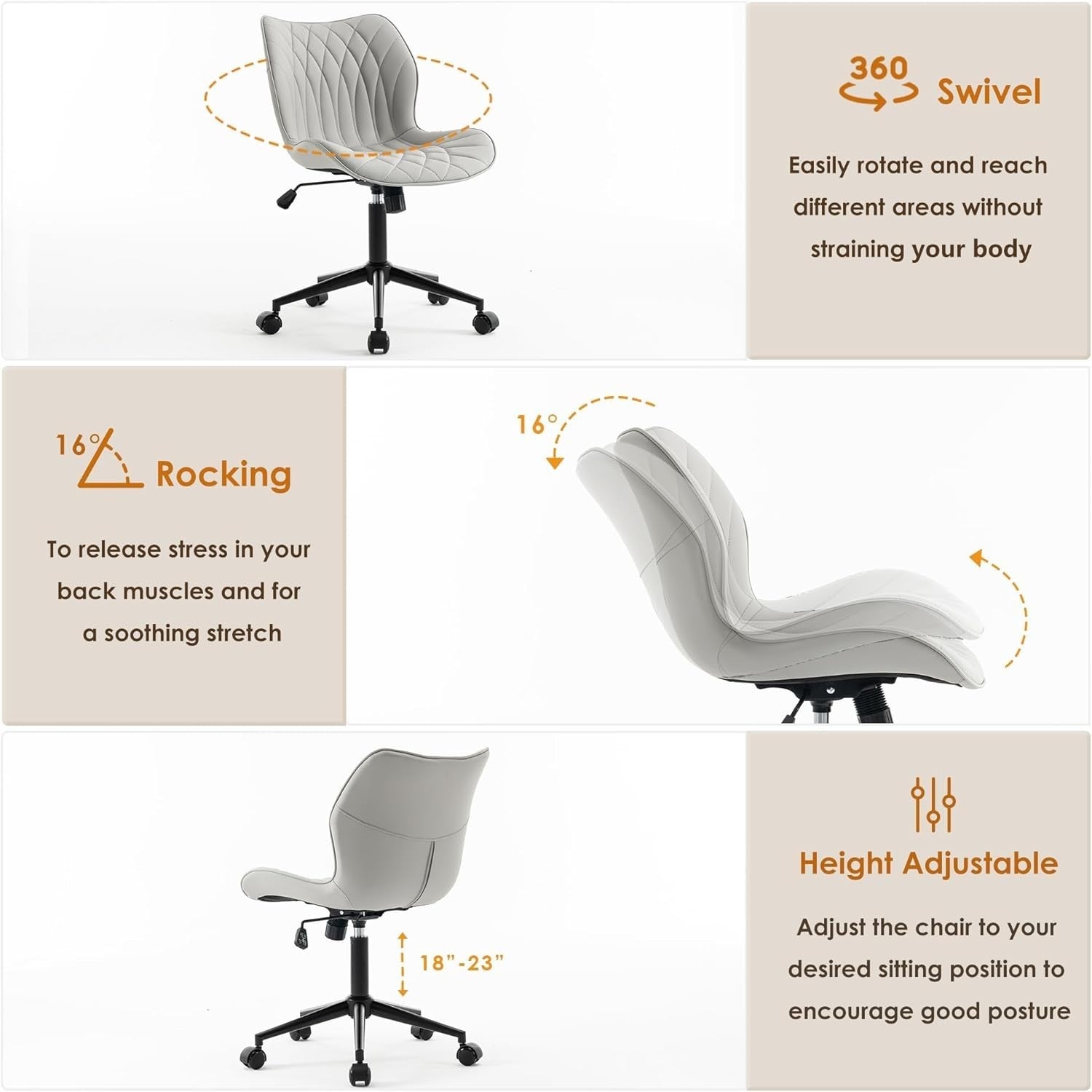 Armless Swivel Office Desk Chair Cushioned Rolling Home Study Grey Faux Leather