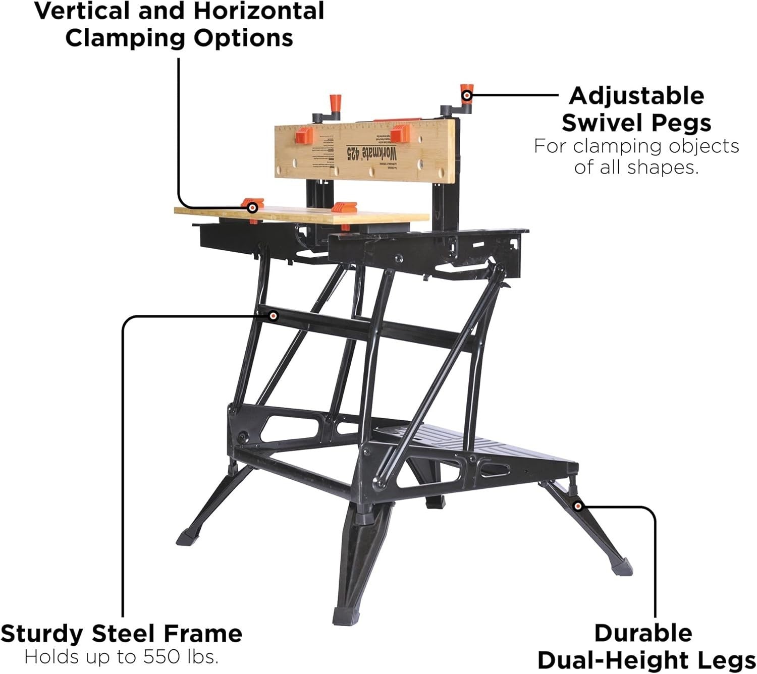 Portable Folding Workbench 550lb Capacity with Clamps Steel Frame Bamboo Top