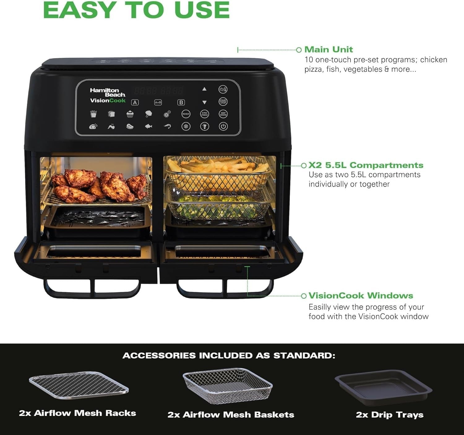 11L Dual Zone Air Fryer With Viewing Windows 10 Presets Smart Finish 2400W