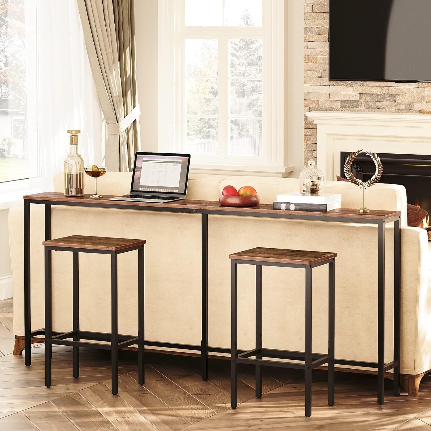 Narrow Console Table Rustic Wood Metal Frame – 180cm Hallway Sofa Side